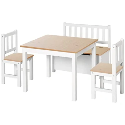 Image of HOMCOM 4 Piece Kids Table and Chair Set with 2 Wooden Chairs, 1 Storage Bench, Interesting Modern Design, Natural/White