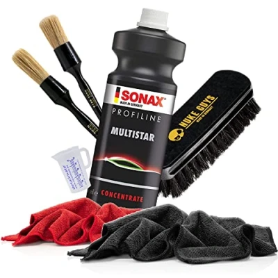Image of detailmate Sonax ProfiLine MultiStar All Purpose Cleaner Set, 1L + Nuke Guys Cleaning Brush, Small &amp; Large Textile 2x Premium Microfibre Cloth 320 GSM Measuring Cup