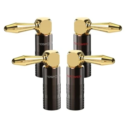 Image of FosPower Right Angle Banana Plugs (2 Pairs / 4 pcs), Closed Screw 24K Gold Plated Speaker Plug Connectors for Wire, Wall Plate, Home Theater, Audio/Video Receiver, and Sound Systems