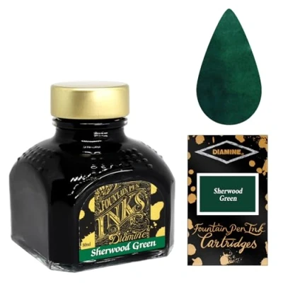 Image of Diamine 80ml Sherwood Green fountain pen INK bottle + (18 PACK CARTRIDGES)