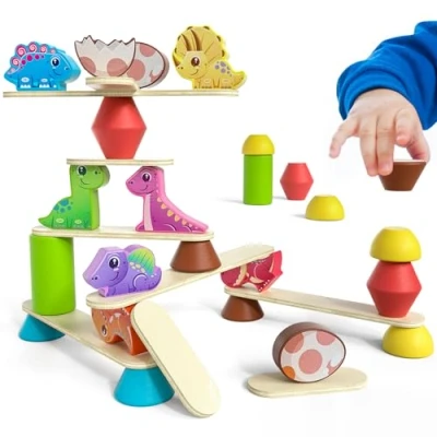 Image of JAiiMen Montessori Dinosaur Toys for Toddlers and Kids 3 4 5 7, Wooden Blocks Sorting &amp; Stacking Balance Education 6 7 8 Year Old, Boys Girls