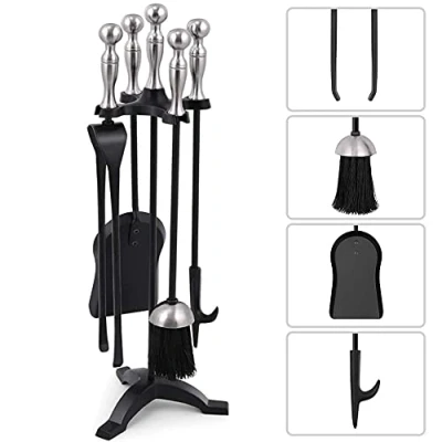 Image of Amagabeli 5 Pieces Fireplace Tools Sets Silver Handles Wrought Iron Fire Place Tool Set Log Holder Pit Stand Tongs Shovel Chimney Poker