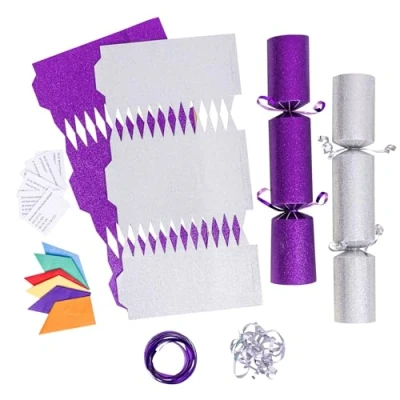 Image of evelay 12 Make Your Own Christmas Cracker Kit DIY Silver &amp; Purple Glitter Crackers Hats Snaps Jokes (Silver, Purple)
