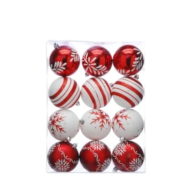 Image of Festive Productions Set of 12 x 8cm Shatterproof Baubles Red &amp; White Assorted Designs Luxury Christmas Tree Decorations, Hanging Decorations