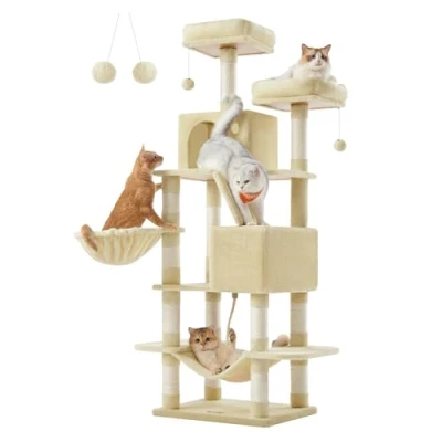 Image of Feandrea Cat Tree, 168 cm Large Tower with 13 Scratching Posts, 1 Ramp, 2 Perches, Caves, Basket, Hammock, Pompoms, Multi Level Plush Condo for Indoor Cats, Jelly Pink PCT165P01