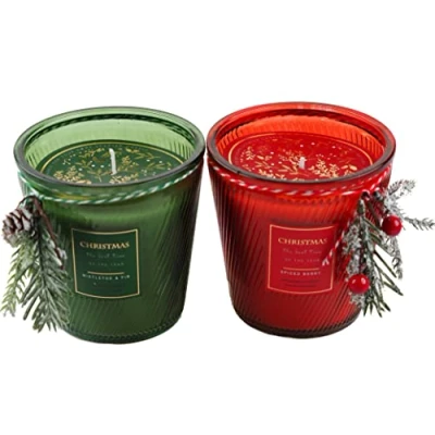 Image of SiL Interiors Christmas Large Scented Candles In Green Red Glass Jars (Set of 2)