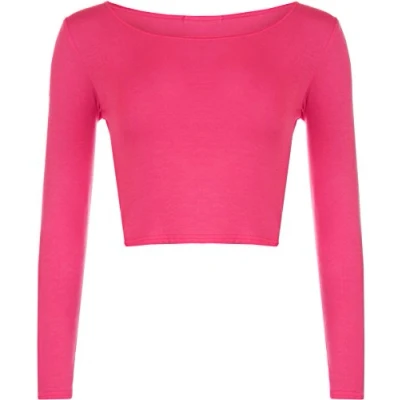 Image of Womens Crop Long Sleeve T Shirt Ladies Short Plain Round Neck Top Cerise 8/10