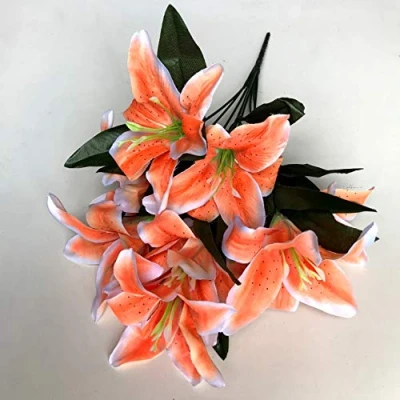Image of Best Artificial 45cm Stargazer Lillies 10 Head Flower Spray Bunch (Orange/White)