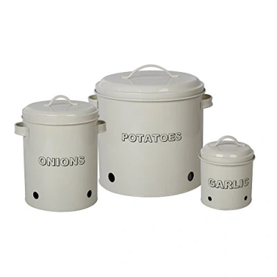 Image of Set of 3 Antique Cream Vintage Potato Onion Garlic Kitchen Storage Canisters Jars Pots Containers Piece Set, Potato, Garlic, Bin Caddy, With Aerating Tin Holes &amp; Metal Lid