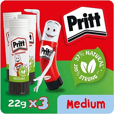 Image of Pritt Glue Stick, Safe &amp; Child Friendly Craft for Arts Crafts Activities, Strong Hold adhesive School Office Supplies, 22 g (Pack of 3)
