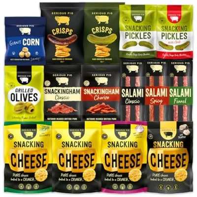 Image of SERIOUS PIG Gourmet Snack Hamper with Crunchy Cheese, Salami Sticks, Pickles, Crisps, Salted Peanuts, Roast Almonds and Corn Scratchings. Delicious Savoury Pub Snacks (21 Packets)