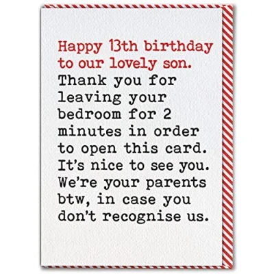 Image of Brainbox Candy Funny 13th Birthday Card For Son &#039;Nice To See You&#039; Happy Age 13 Cheeky Joke Banter From Mum Dad Parents Son&#039;s Thirteenth