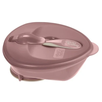 Image of Vital Baby Nourish Power Suction Weaning Bowl with Lid and Spoon 6m+, Berry Pink, Strong Suction, Easy Scoop Sides, Leakproof &amp; Spoon, EarthSmart Biodegradable, BPA Free
