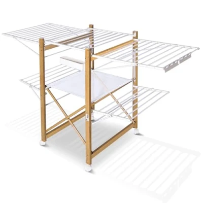 Image of VOUNOT Large Clothes Airer, Foldable Drying Rack, 2 Level Horse with Wings &amp; Casters, Free Standing Garment Laundry Rack for Indoor Outdoor, White