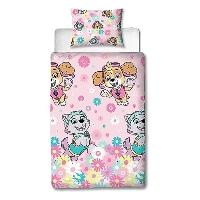 Image of Character World Paw Patrol Official Single Childs Duvet Cover Set Flowers Design Reversible 2 Sided Bedding Including Matching Pillow Case Bed