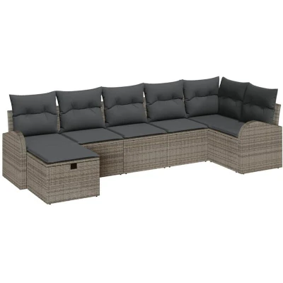 Image of vidaXL 7 Piece Garden Sofa Set with Cushions Grey Poly Rattan