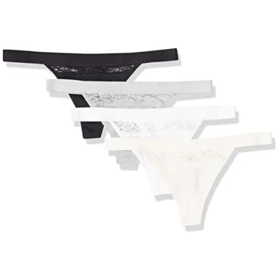 Image of Amazon Essentials Women&#039;s Cotton and Lace Thong Knickers, Pack of 4, Black/Pink/Light Grey Marl, 14