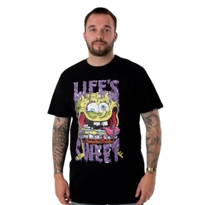 Image of SPONGEBOB SQUAREPANTS Mens T Shirt Black Life&#039;s Sweet Graphic Tee for Adults Iconic Cartoon Lightweight Short Sleeve Top Sponge Bob Merchandise Gift
