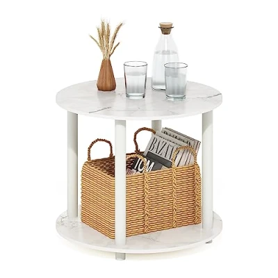 Image of Furinno 2 Tier Round Wooden Coffee Table, Marble White, 1 Pack
