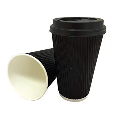 Image of We Can Source It Ltd 50 x 16oz Black Triple Ripple Paper Wall Disposable Tea Coffee Cappuccino Hot Drinks Cups &amp; Lids