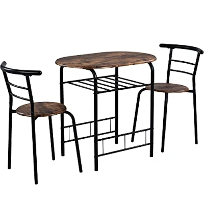 Image of Merax Dining Set 3, Solid Wooden Round Metal Legs, Storage Shelf and Wine Rack, Brown, 1 Table &amp; 2 Chairs