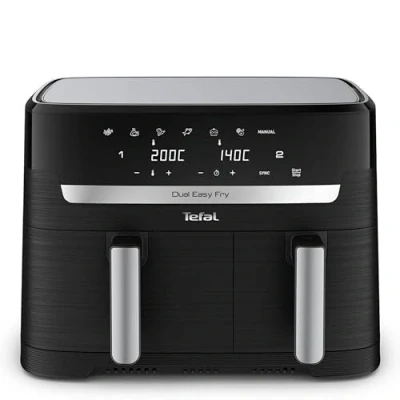 Image of Tefal Easy Fry Dual Zone Digital Air Fryer, 2 Drawers, 8.3L, 8in1, Fry, Extra Crisp, Roast, Bake, Reheat, Dehydrate, 6 Portions, Non Stick, Dishwasher Safe Baskets, Black &amp; Metal EY901840