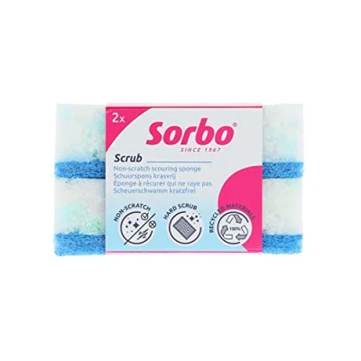 Image of Sorbo Recyled Scouring Sponges, Made from 100 Percent Recycled PU Foam and PET Bottles, Non Scratch, Sustainable Cleaning, Everyday Essential, White/Blue