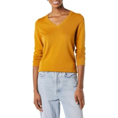 Image of Amazon Essentials Women&#039;s Classic Fit Lightweight Long Sleeve V Neck Jumper (Available in Plus Size), Dark Golden Yellow, XL
