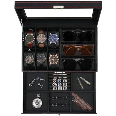 Image of JUPELI Watch Box, Leather Mens Jewellery Box with 6 Slot Case &amp; 3 Sunglasses Organiser, 2 Layers Lockable Holder Organiser Glass Lid for Earrings, Rings, Bracelets, Gifts Men