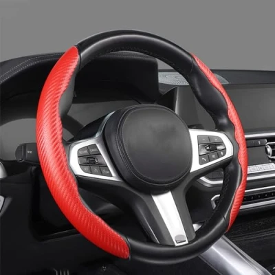 Image of OPeque Carbon Fiber Leather Car Steering Wheel Covers for Jaguar E Pace/F Type/I Pace/S Type/X Type/XE/XF/XJ/XK, Anti slip Sports Segmented Protector, Fit Four Seasons,Red