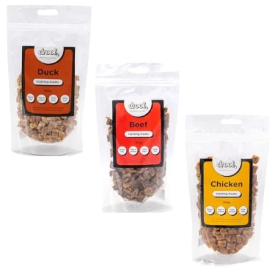 Image of Drool Pet Products 100% Pure Dried Fresh Meat Duck Beef Chicken Triple Pack Training Treats for Dogs 3 x 150g Air Nibbles Dog Chews &amp; Puppies