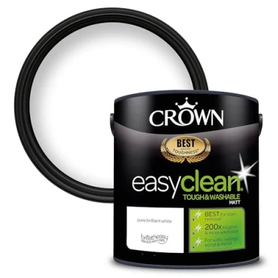 Image of 2.5L CROWN Easy Clean MATT Emulsion Multi Surface Paint That can be Used on Walls, Ceilings, Wood and Metal. Stain &amp; Scrub Resistant Formula Pure Brilliant White