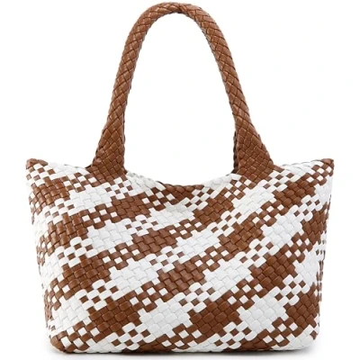Image of Queenoris Woven Bag for Women, Fashion Top Handle Shoulder Vegan Leather Shopper Large Travel Tote Bag, Brown+white