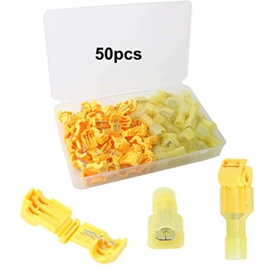 Image of QitinDasen 50Pcs (25 Pairs) Premium T Tap Wire Terminals Kit, Self Stripping Connectors with Nylon Fully Insulated Male Quick Disconnect (Yellow)