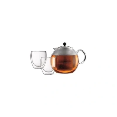 Image of Bodum ASSAM SET Tea Press (1.5 L/51 oz) and Glases (Double walled, 0.25 L/8 Shiny
