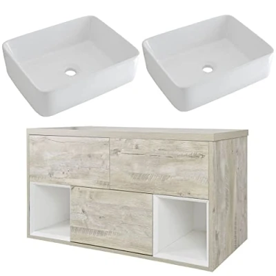 Image of Milano Bexley Light Oak Wall Hung Bathroom Vanity Unit with 2 Rectangular Countertop Basins 1200mm