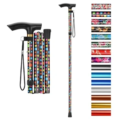 Image of supregear Folding Walking Stick, Adjustable Collapsible Stick Lightweight Portable Balancing Aid Travel Cane for Elderly Adults Men, Black Polka Dots