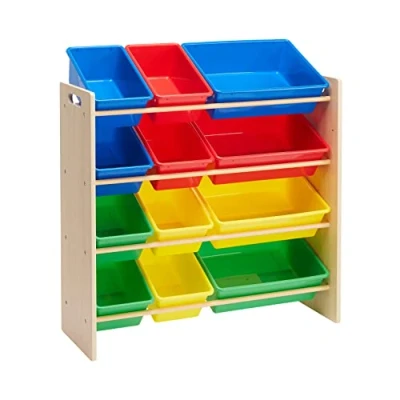Image of Amazon Basics Kids’ Toy Storage Organiser with 12 Plastic Bins, Natural Wood Bright 27.7 D x 85.3 W 79 H cm