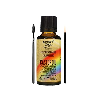 Image of Castor Oil 100% pure certified (10ml) w/Free Lash&amp;Brow Brushes Cold Pressed for Eyelashes,Hair Growth,Beard,Body,Face,Nail,Skin Care