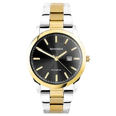 Image of Sekonda Airborne Mens 40mm Quartz Watch in Black with Analogue Day/Date Display, and Brown Suede Leather Strap 1988
