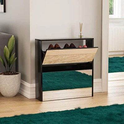 Image of Vida Designs Welham 2 Drawer Mirrored Shoe Cabinet, Hallway Cupboard Storage Organiser, Footwear Stand Rack, Wood Sideboard Unit, Black