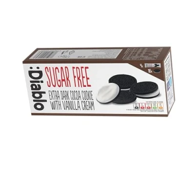Image of Diablo Extra Dark Cocoa Cookie with Vanilla Cream Sugar Free Sweetened Maltitol Biscuit Hamper and Multipacks Available Perfect for Gifting 176g (4 Fun Sized Packets of 44g)