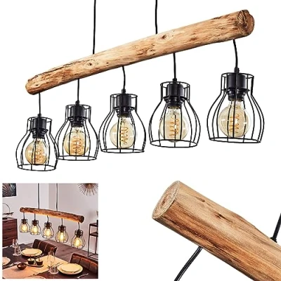 Image of Pendant Light Gondo, Hanging Made of Metal/Wood in Black/Brown, 5 Flame, x E27, Modern Light, Without Bulbs