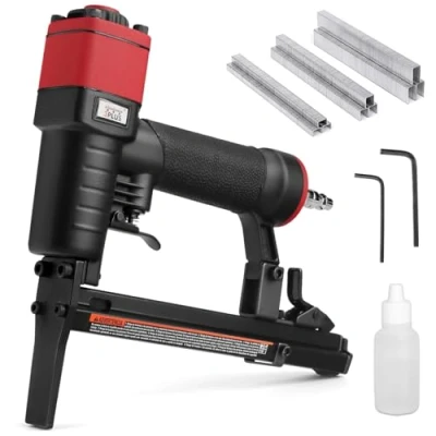 Image of 3PLUS H7116LSP KT 22 Gauge 3/8 Inch Crown Pneumatic Upholstery Stapler with Long Nose, Air Kit, 6000 Staples, 1/4 to 5/8