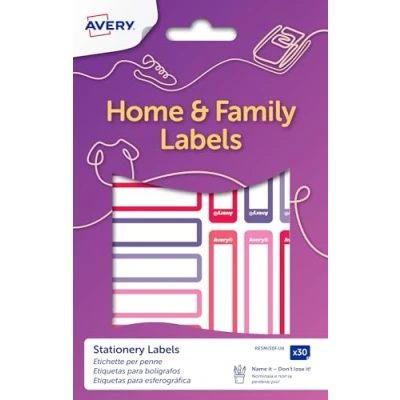 Image of Avery Stationery Labels, Pen Name Stick on School Labels 50 x 10 mm, 30 Per Pack, Pink/Purple