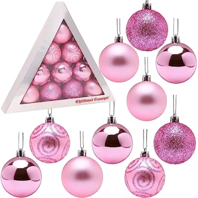 Image of Christmas Concepts® Pack of 10 60mm (2.4&quot;) Tree Baubles Shiny, Matte &amp; Glitter Decorated (Baby Pink)