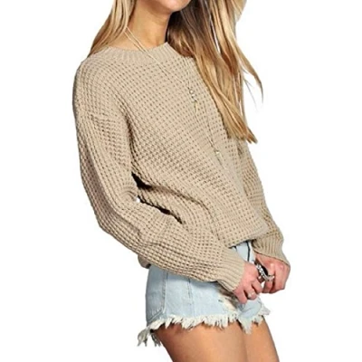Image of Crazy Girls Womens Ladies Baggy Long Sleeve Knitted Plain Chunky Top Sweater Jumper S XL (M L, Stone)