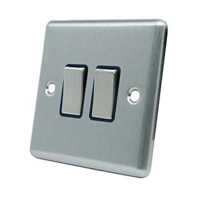Image of AET CSC2GSWIBS Satin Chrome Classical Black Insert Metal Rocker Switches 10 Amp Double 2 Gang Way Light Switch