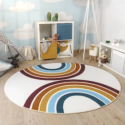 Image of Paco Home Nursery Area Rug Kids Round For Bedroom Girls Boys Rainbow Machine Washable Modern, Size:Ø 160 cm round, Colour:Multicolored 2