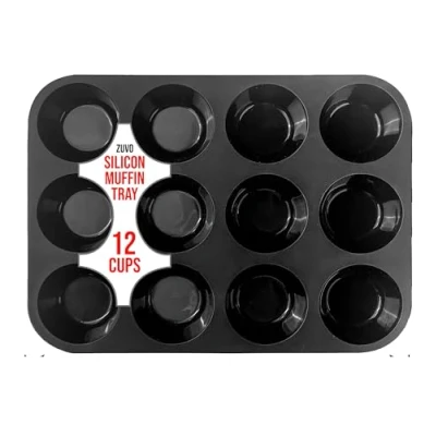 Image of Zuvo Silicon Muffin Tray 12 Cups Non Stick Black Baking Mold for Cupcakes and Brownies (23x31cm) Perfect
